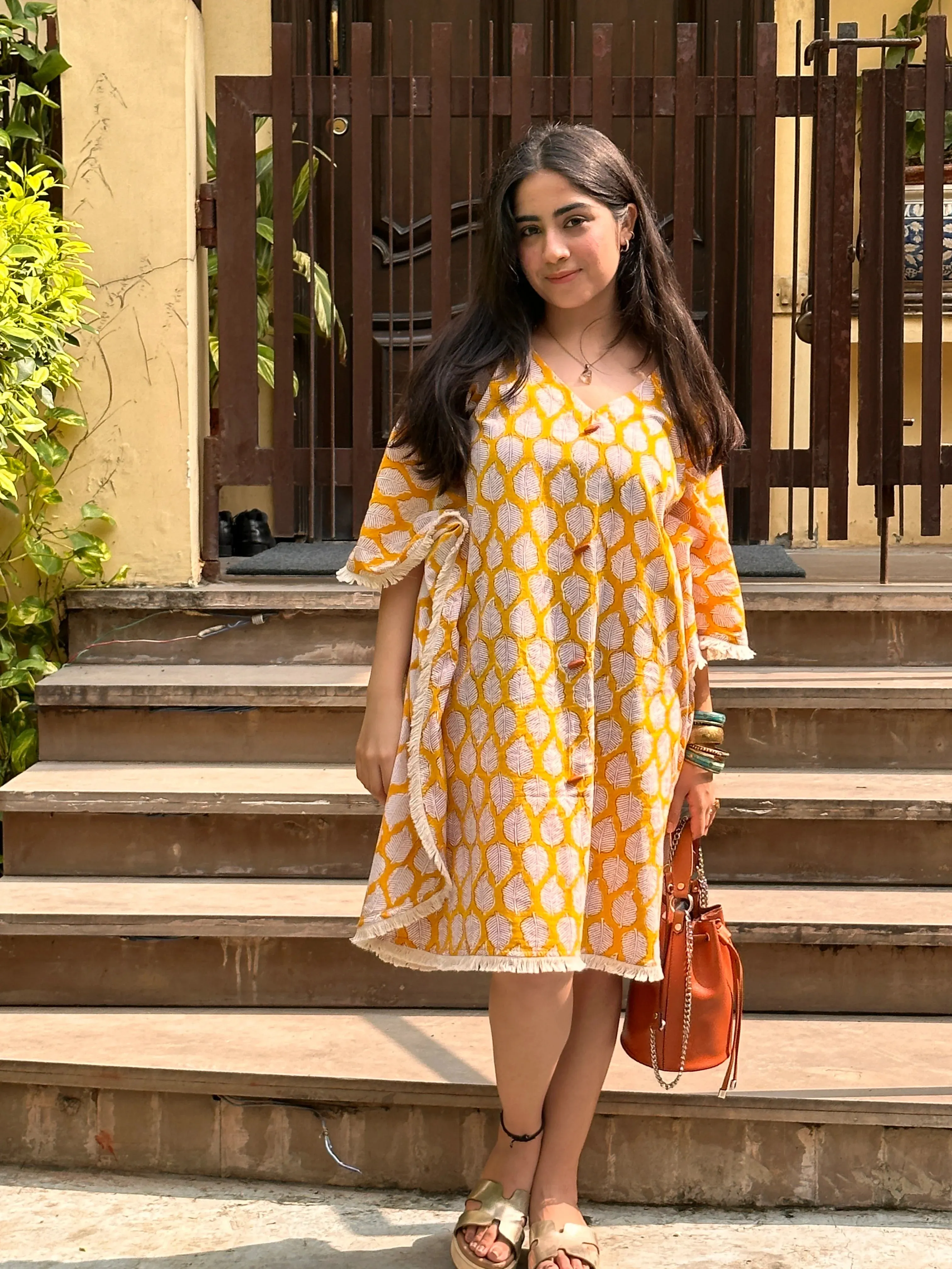 Symmetry Pattern Yellow Kaftan Dress