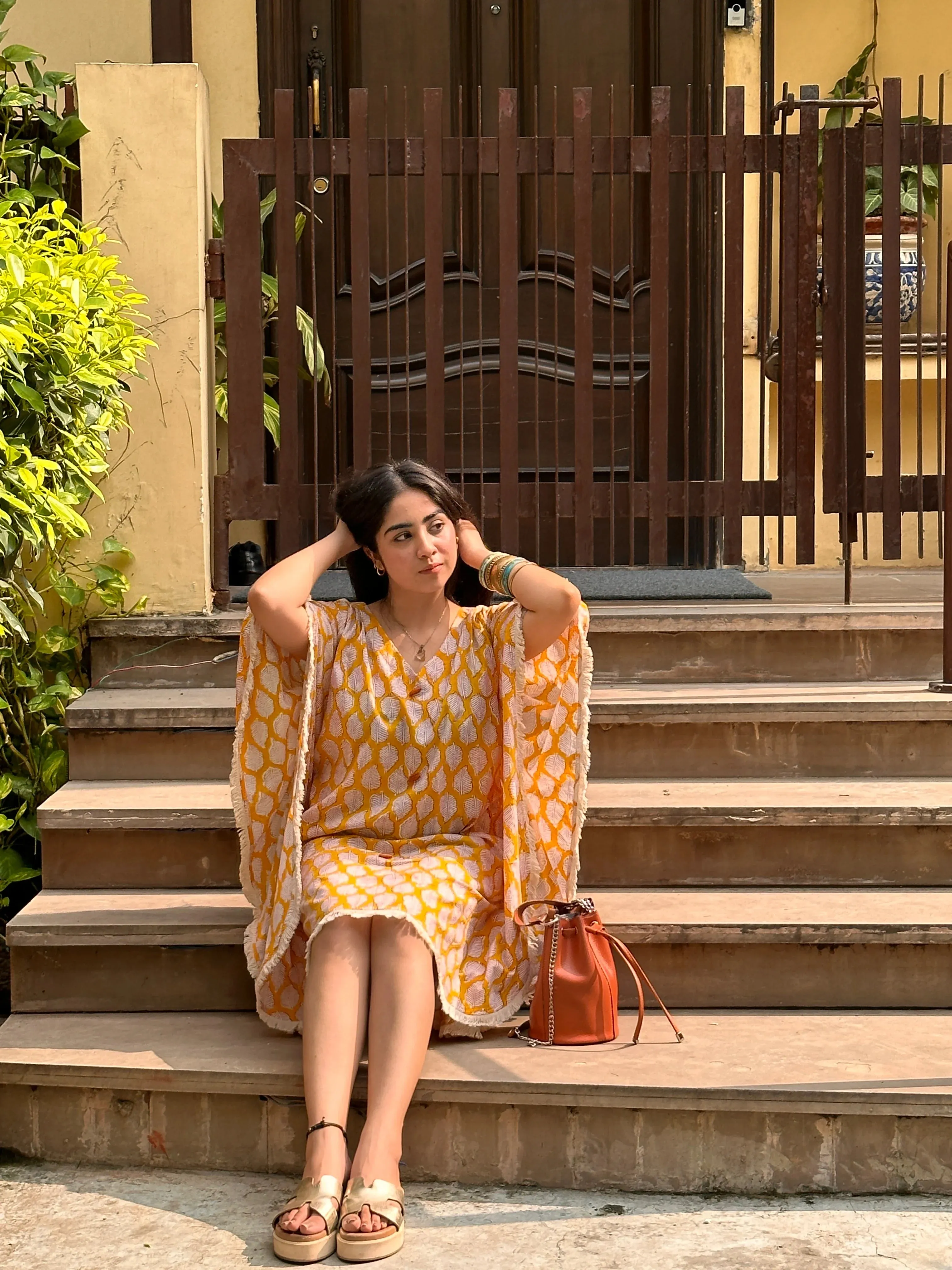 Symmetry Pattern Yellow Kaftan Dress