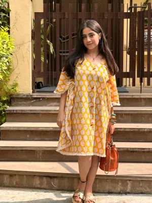 Symmetry Pattern Yellow Kaftan Dress
