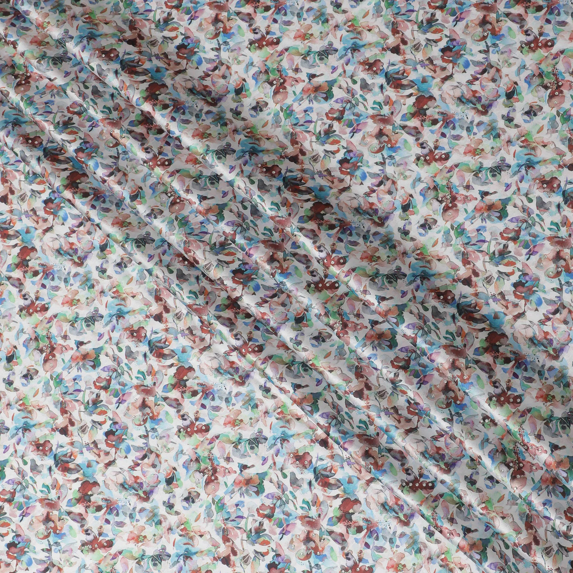 Synthetic Modal Satin Fabric with Stone Work, Abstract Floral Design, White, 110 cm Width-20035