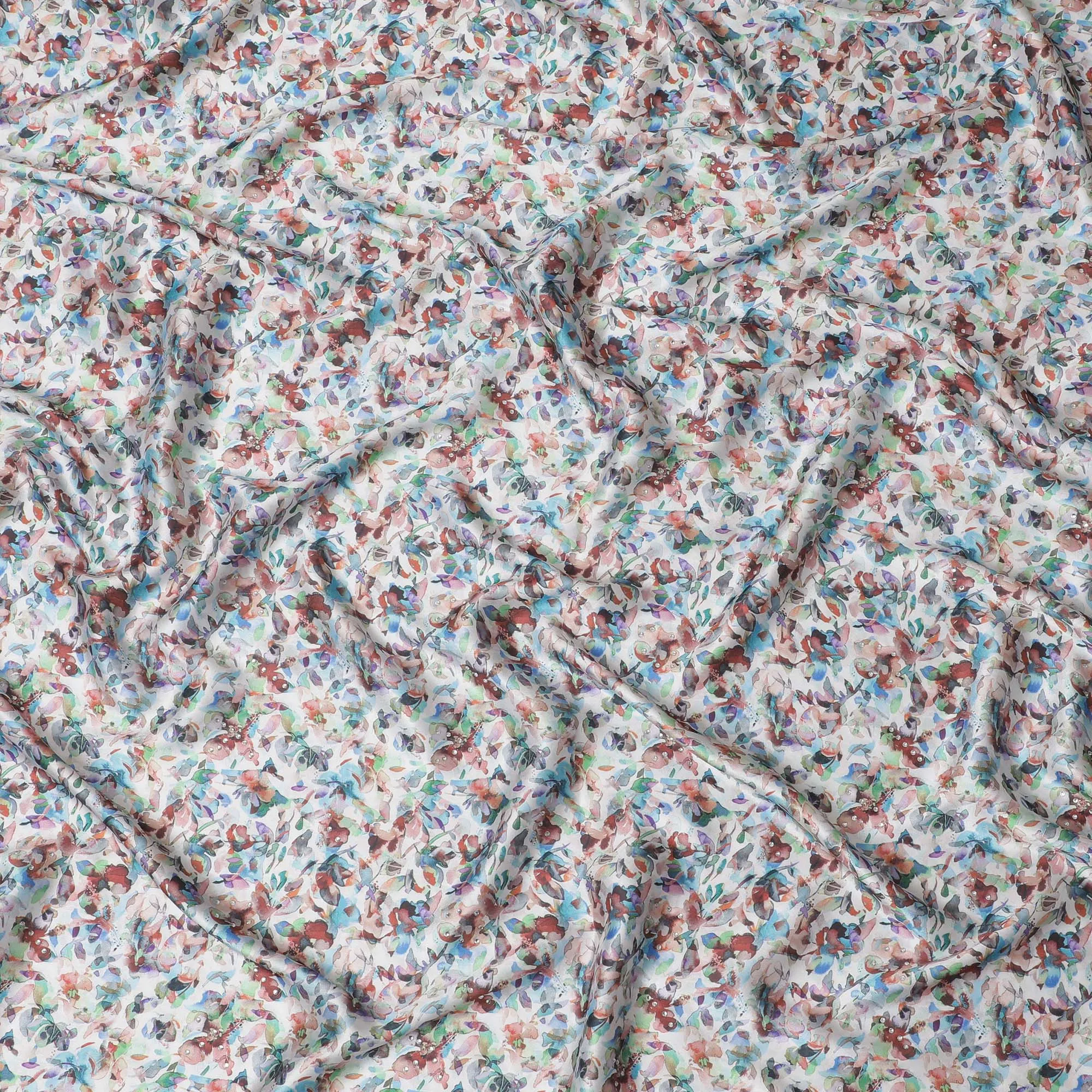 Synthetic Modal Satin Fabric with Stone Work, Abstract Floral Design, White, 110 cm Width-20035