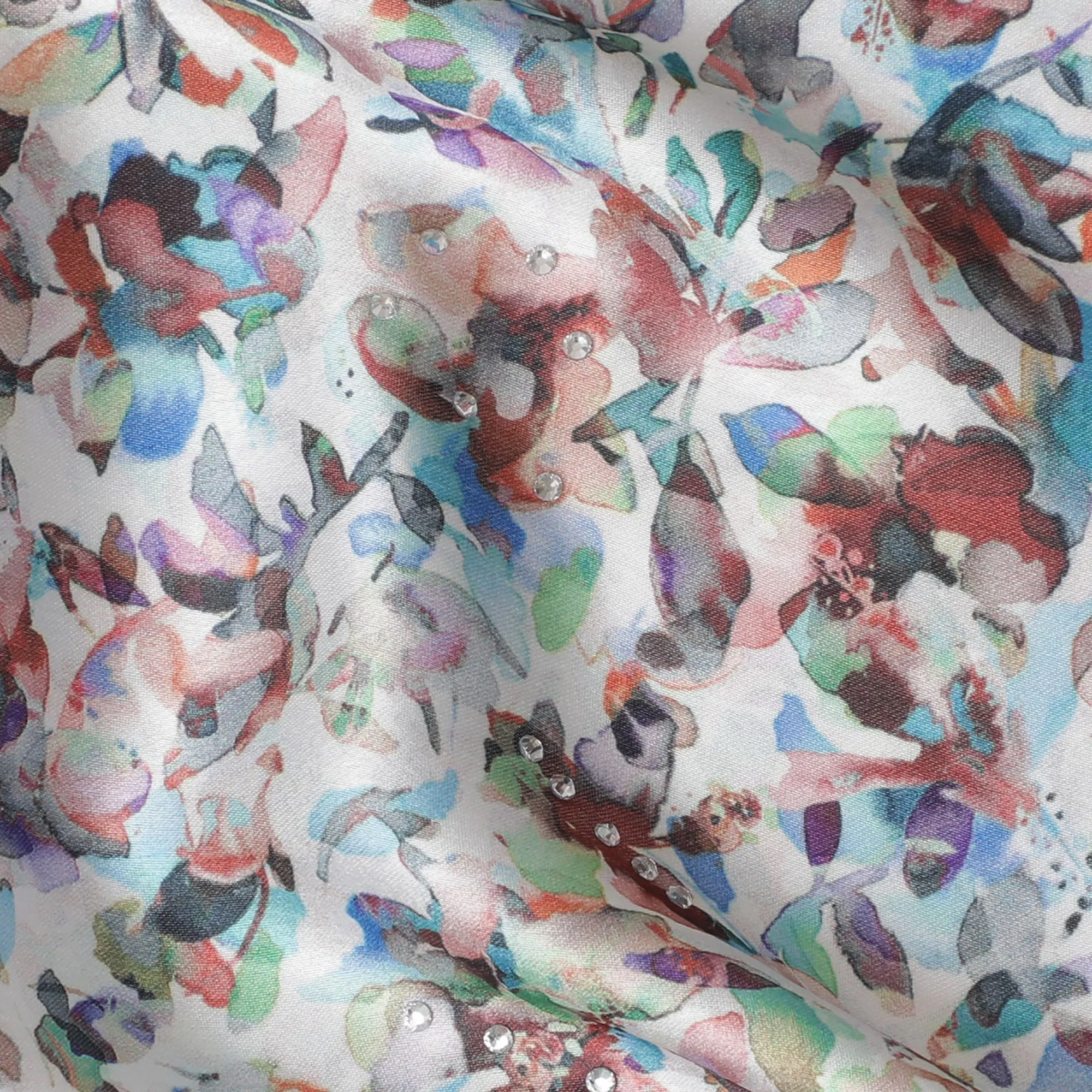 Synthetic Modal Satin Fabric with Stone Work, Abstract Floral Design, White, 110 cm Width-20035