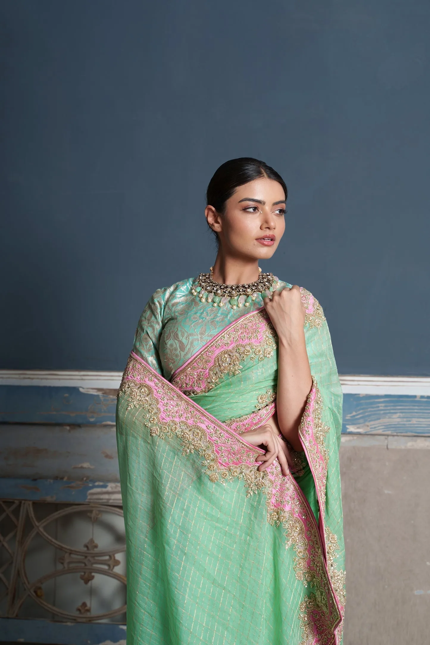 Tara -Jade Green Raw Silk Embroidered Saree With Banaras Blouse