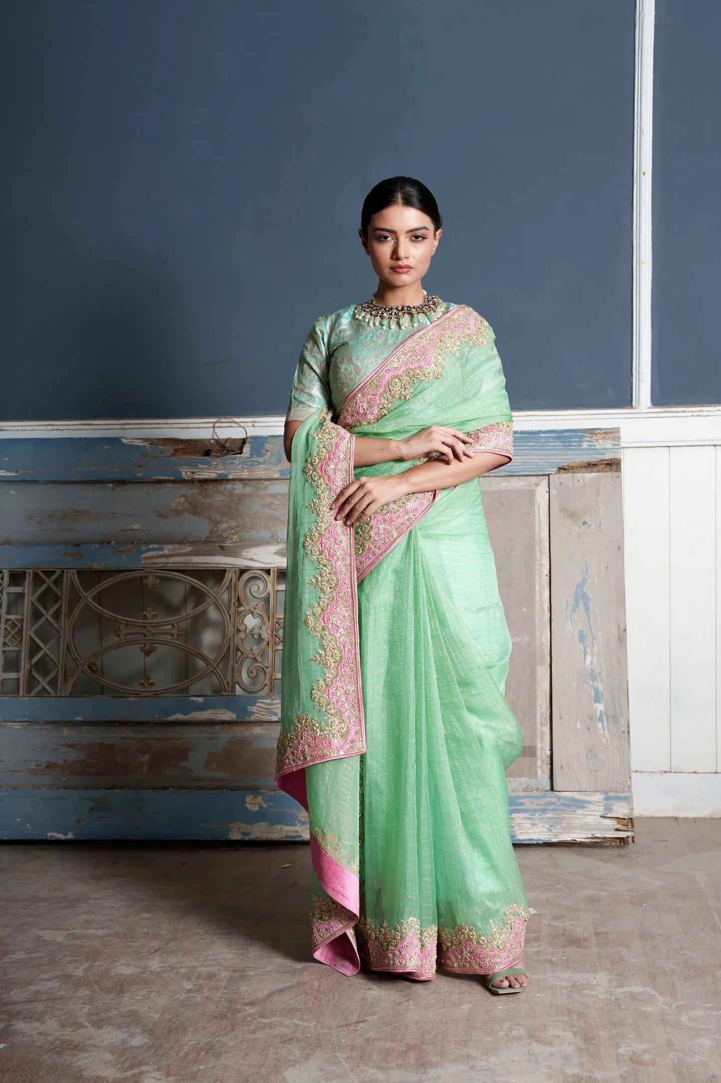 Tara -Jade Green Raw Silk Embroidered Saree With Banaras Blouse