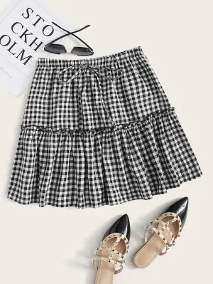 Tie Waist Frill Trim Buffalo Plaid Skirt
