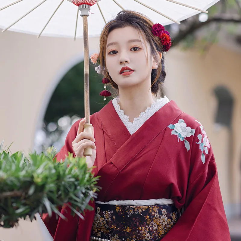 Traditional Japanese Red Kimono with Floral Embroidery