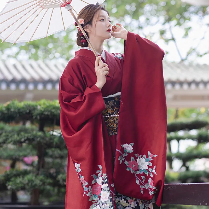 Traditional Japanese Red Kimono with Floral Embroidery