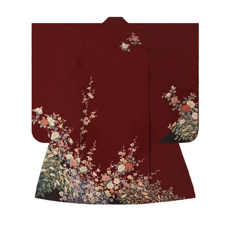 Traditional Japanese Red Kimono with Floral Embroidery