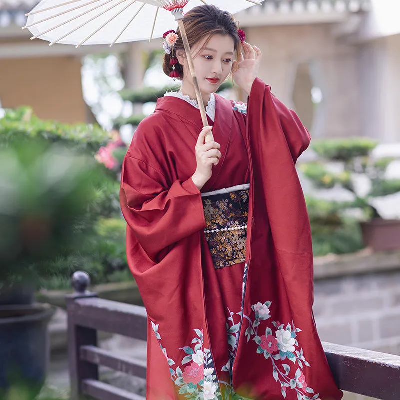 Traditional Japanese Red Kimono with Floral Embroidery