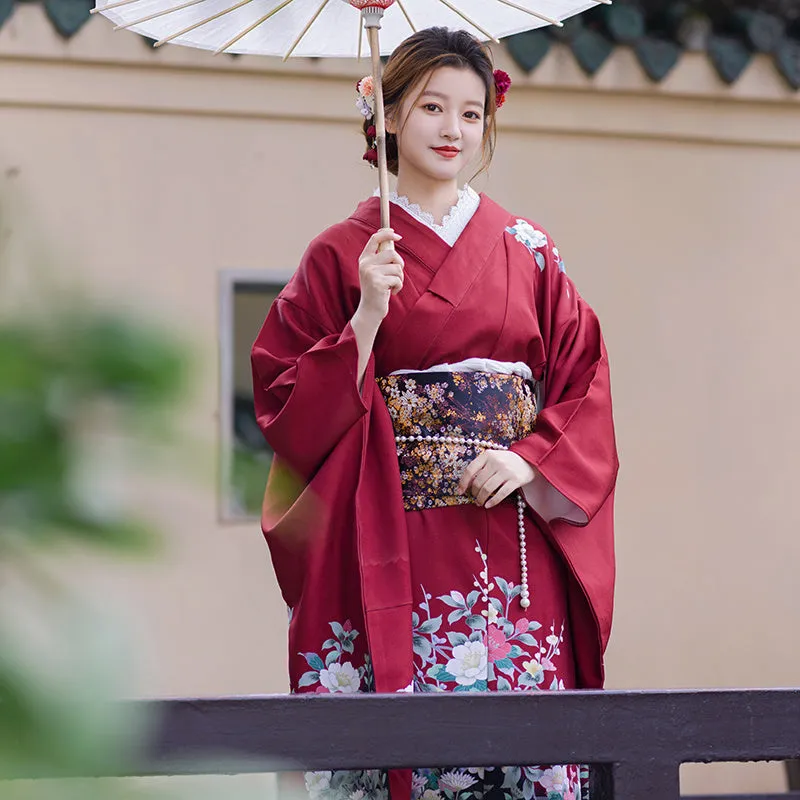 Traditional Japanese Red Kimono with Floral Embroidery