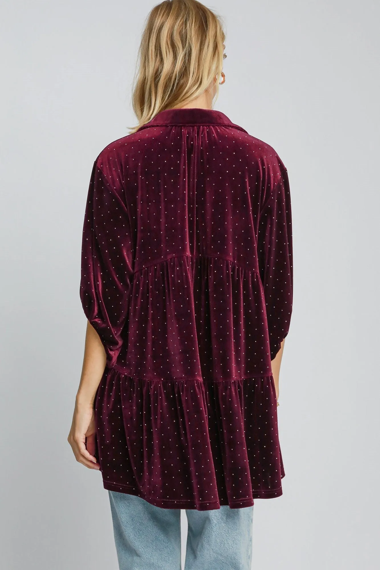 Umgee Solid Color Velvet Tunic Top with Stone Embellishments in Plum ON ORDER
