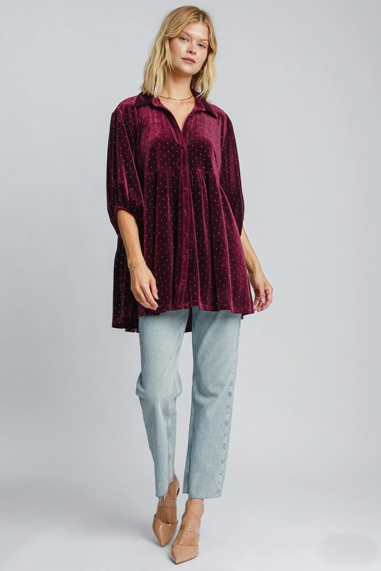Umgee Solid Color Velvet Tunic Top with Stone Embellishments in Plum ON ORDER