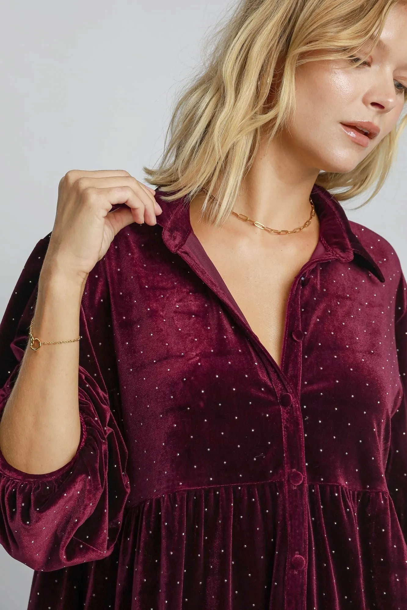 Umgee Solid Color Velvet Tunic Top with Stone Embellishments in Plum ON ORDER