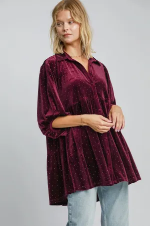 Umgee Solid Color Velvet Tunic Top with Stone Embellishments in Plum ON ORDER