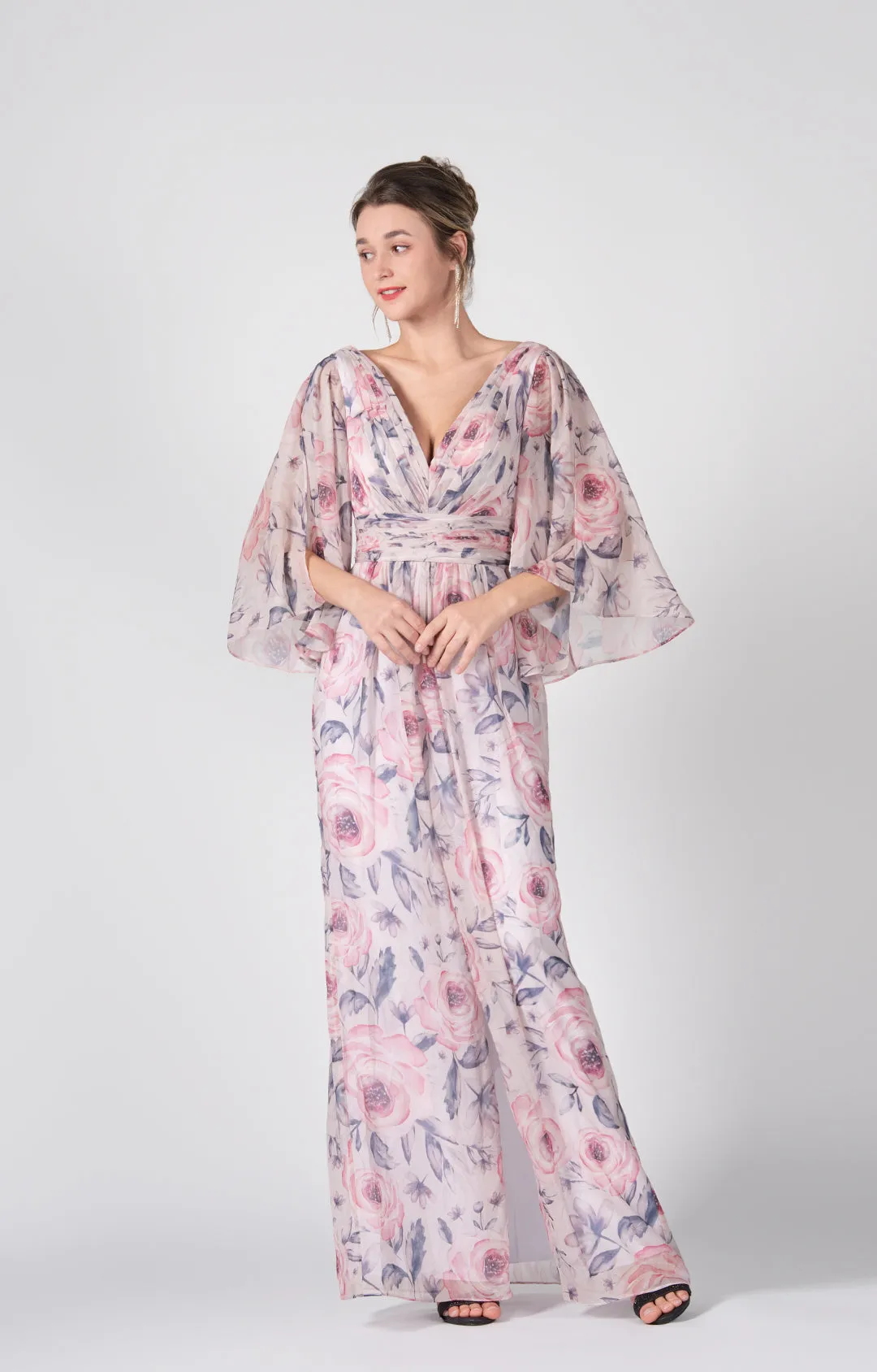 V-Neck Flutter Sleeves Front Split Floor-Length Dress