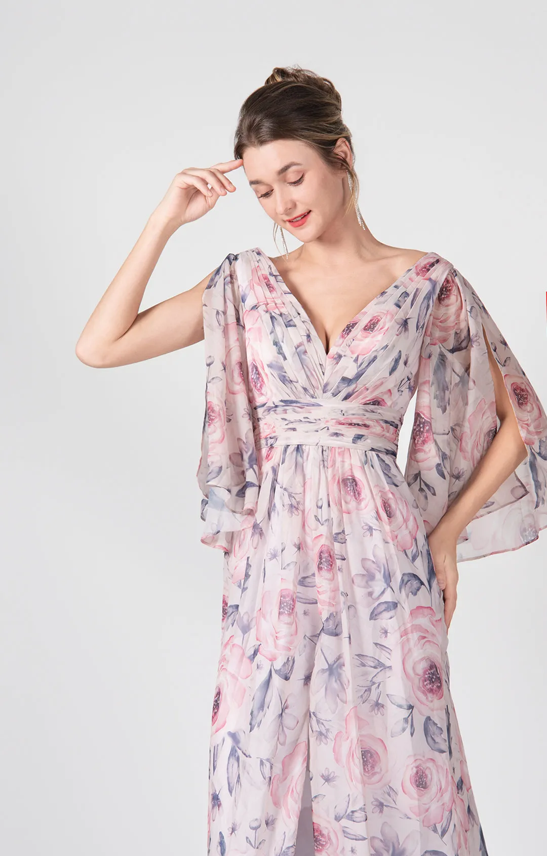 V-Neck Flutter Sleeves Front Split Floor-Length Dress