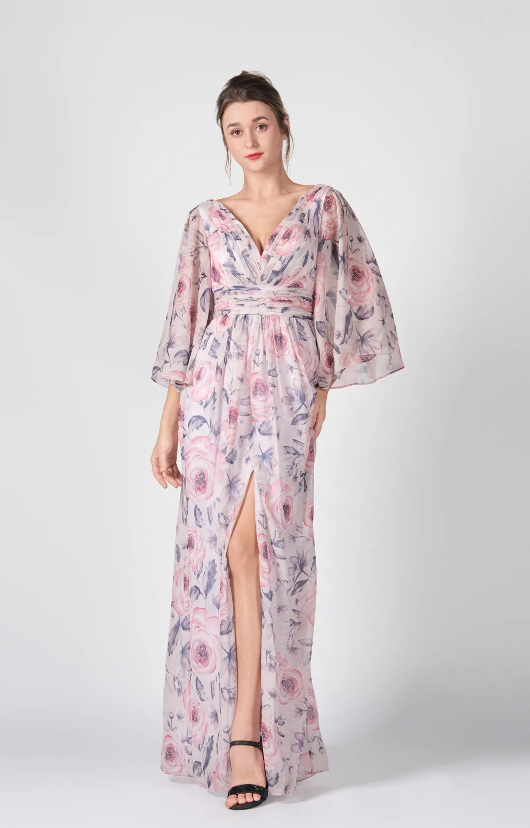 V-Neck Flutter Sleeves Front Split Floor-Length Dress