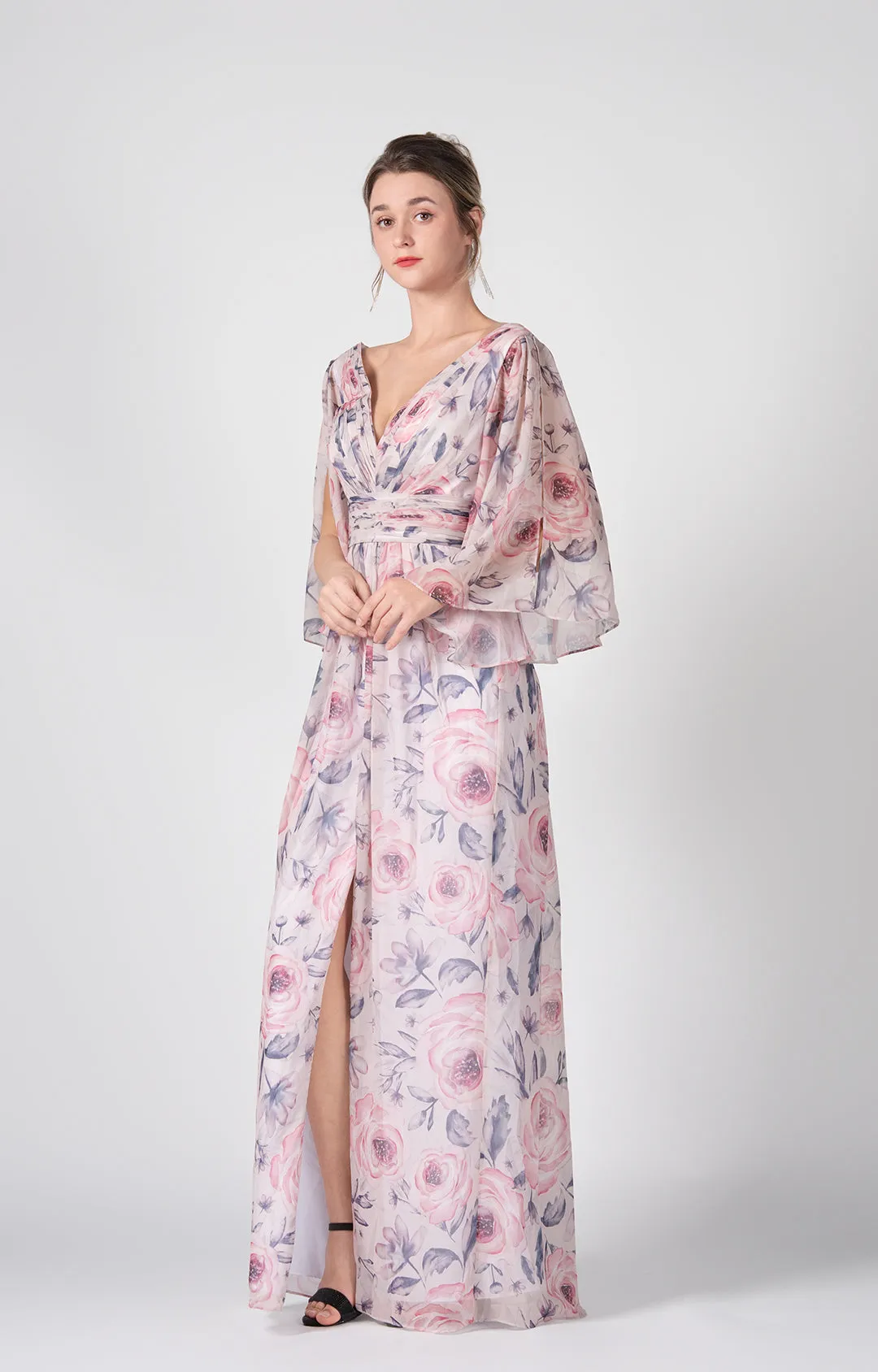V-Neck Flutter Sleeves Front Split Floor-Length Dress