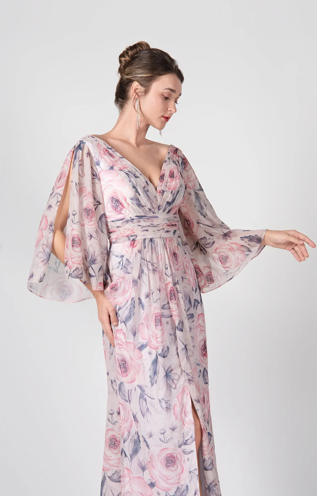 V-Neck Flutter Sleeves Front Split Floor-Length Dress