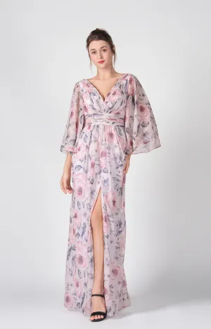 V-Neck Flutter Sleeves Front Split Floor-Length Dress