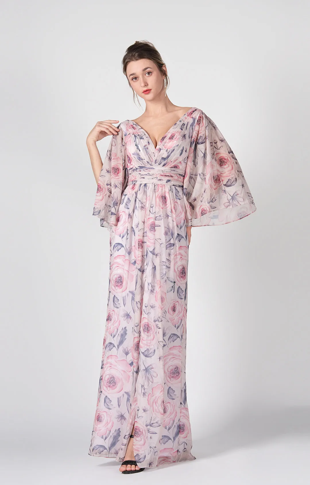 V-Neck Flutter Sleeves Front Split Floor-Length Dress