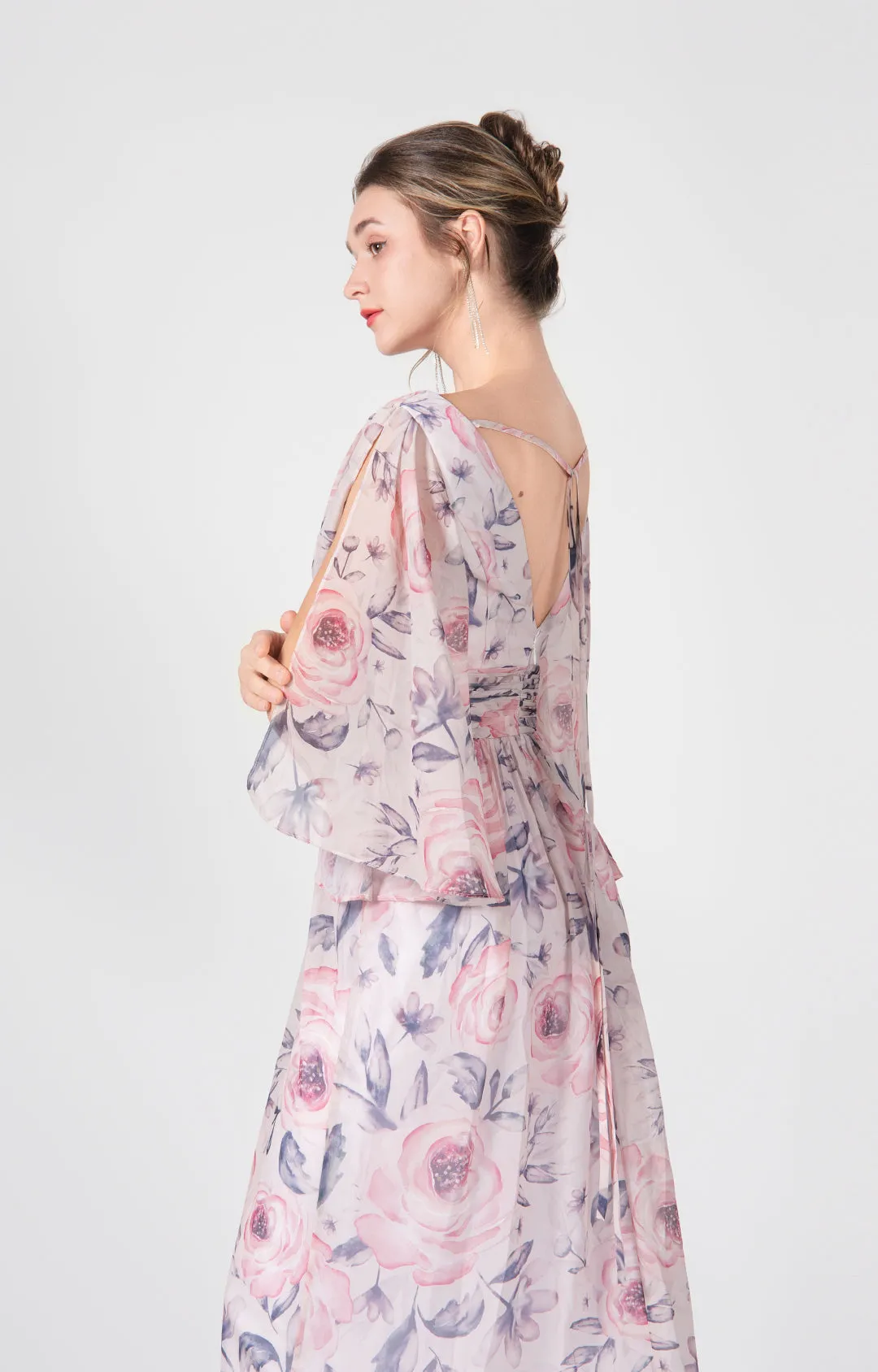 V-Neck Flutter Sleeves Front Split Floor-Length Dress