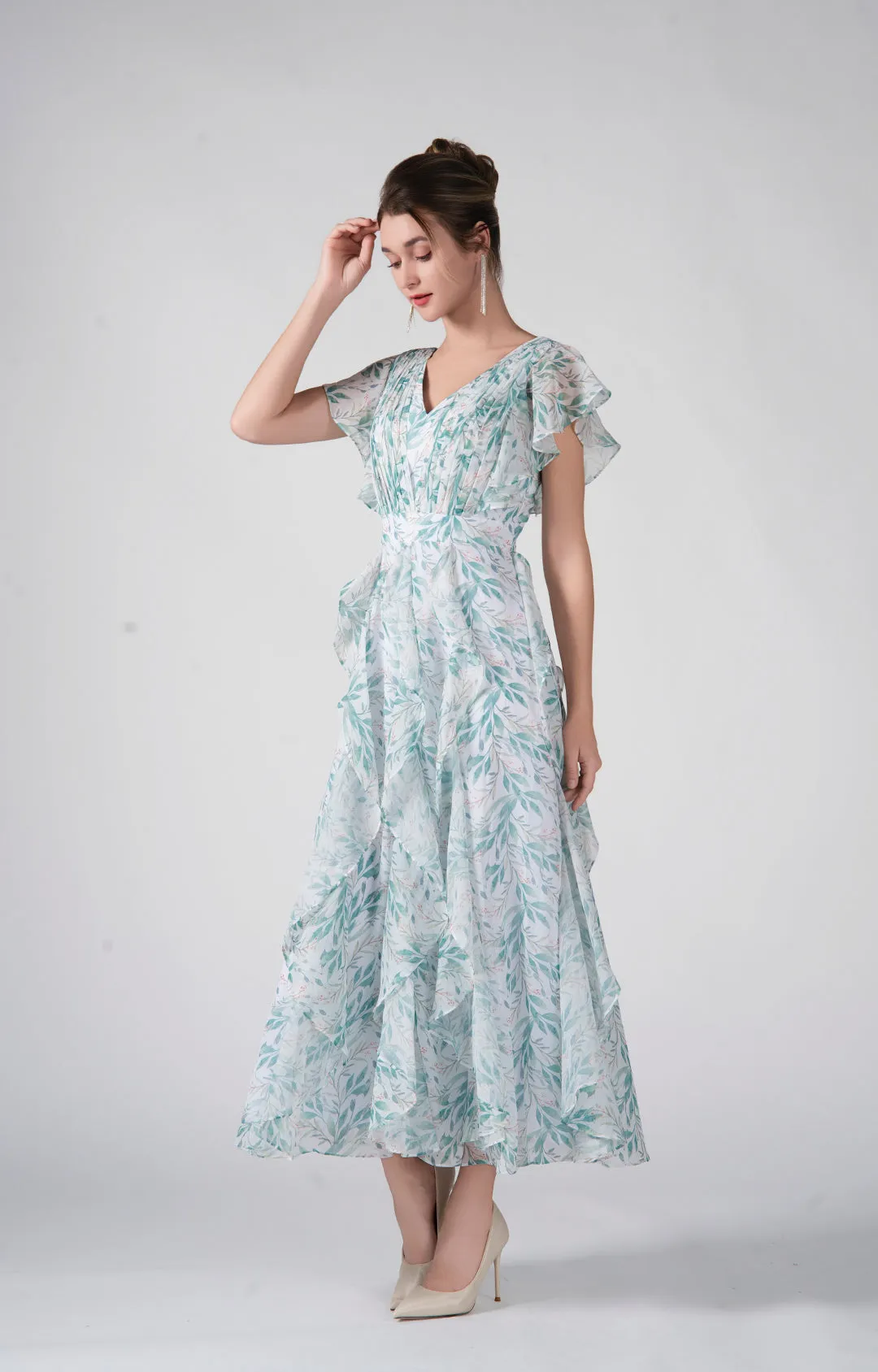V-Neck Flutter Sleeves Ruffles Flowy Hemline Dresses
