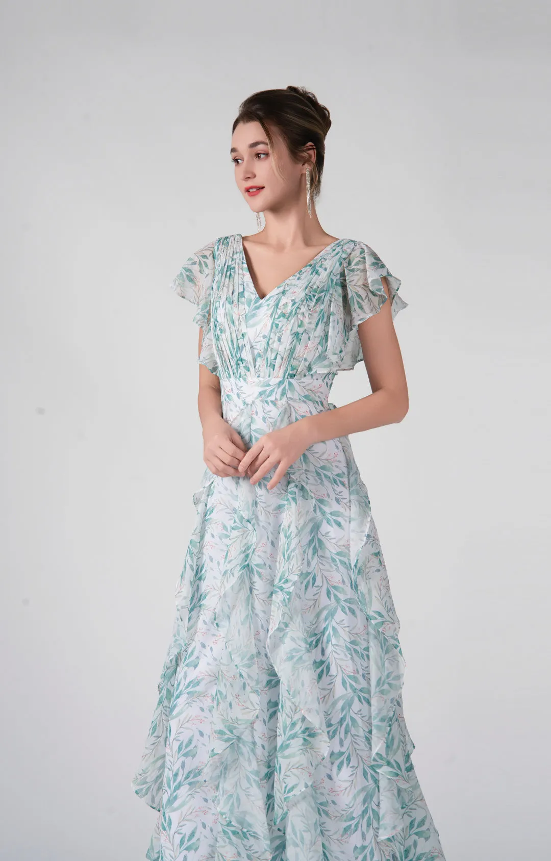 V-Neck Flutter Sleeves Ruffles Flowy Hemline Dresses