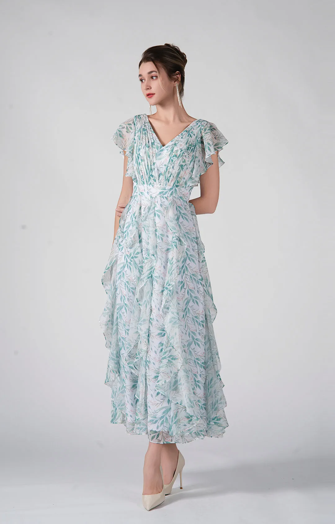 V-Neck Flutter Sleeves Ruffles Flowy Hemline Dresses