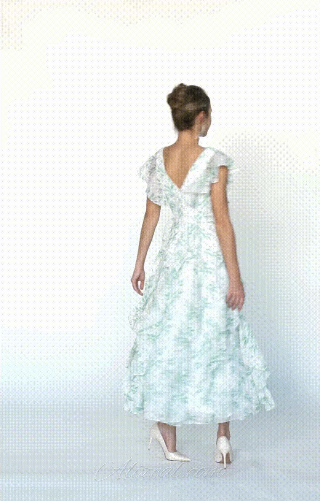 V-Neck Flutter Sleeves Ruffles Flowy Hemline Dresses