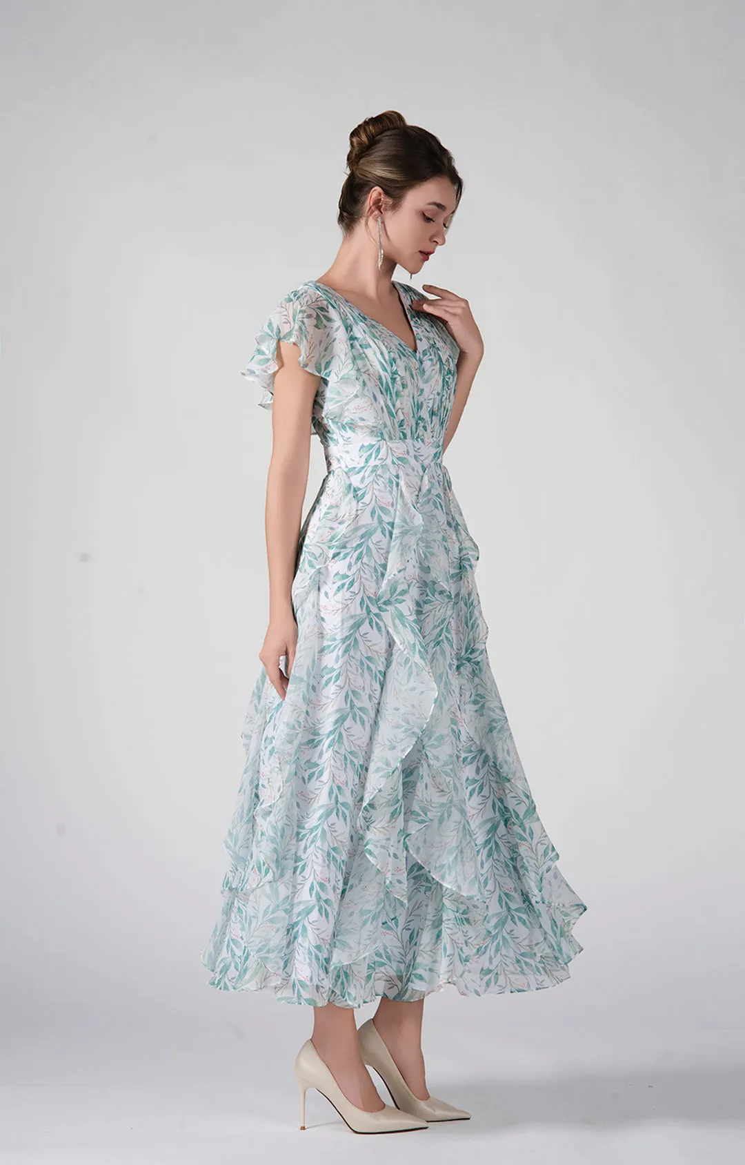 V-Neck Flutter Sleeves Ruffles Flowy Hemline Dresses