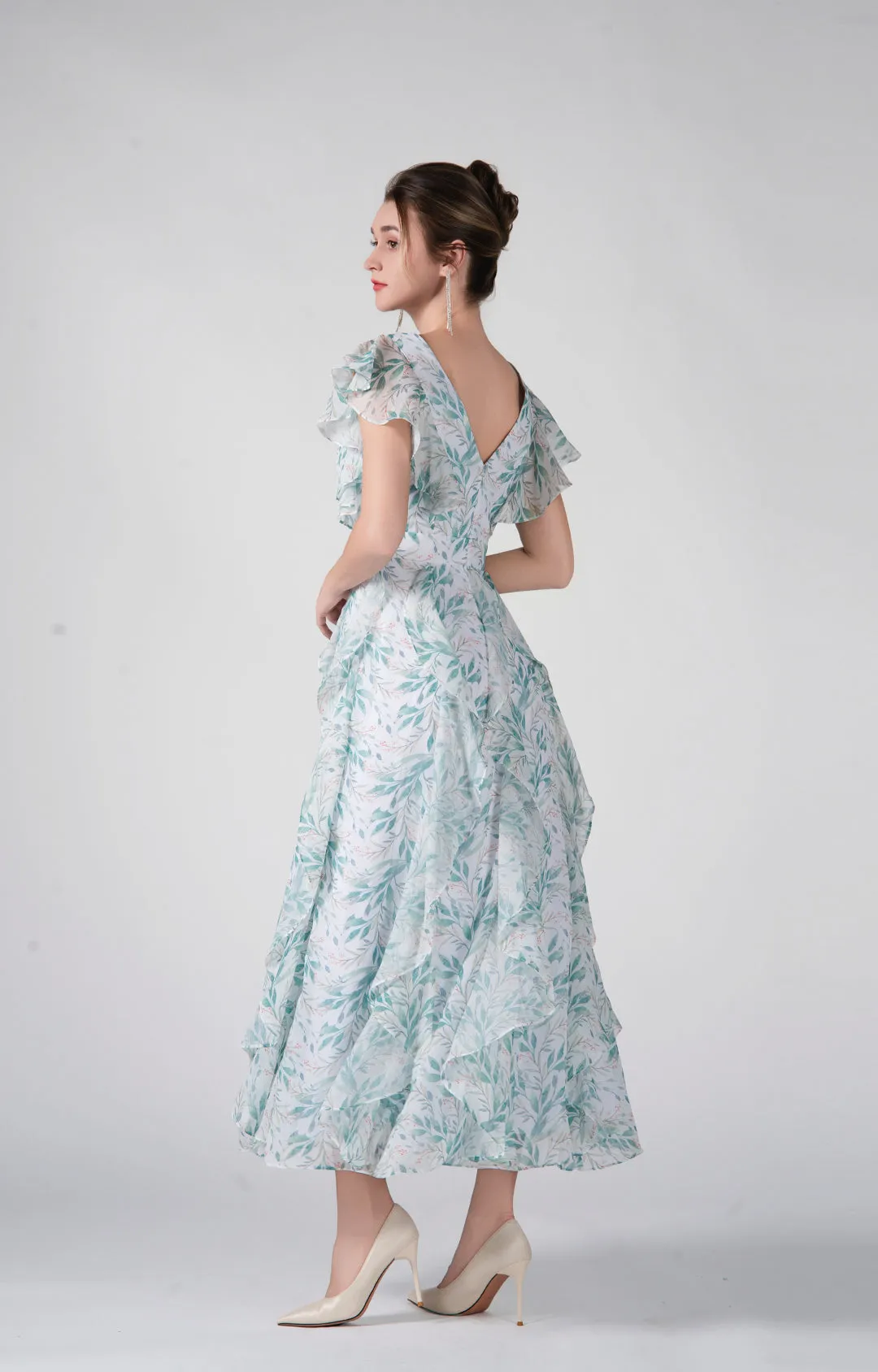 V-Neck Flutter Sleeves Ruffles Flowy Hemline Dresses
