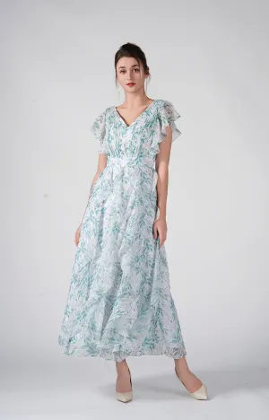 V-Neck Flutter Sleeves Ruffles Flowy Hemline Dresses
