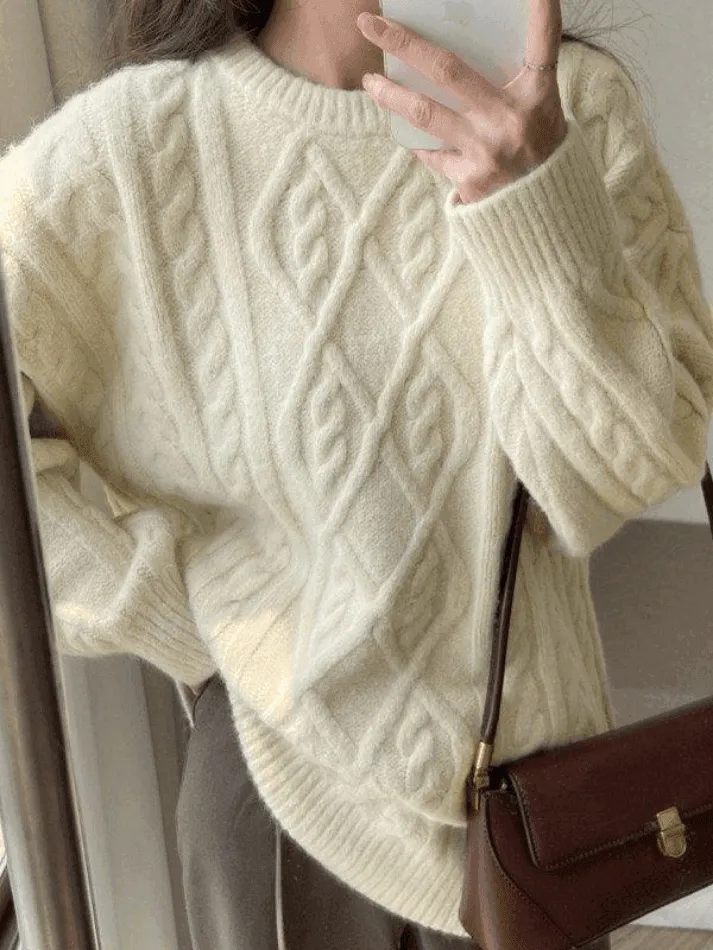 Wenkouban-Spring Casual Outfits Y2K Outfits Crew Neck Cable Knit Pullover Sweater