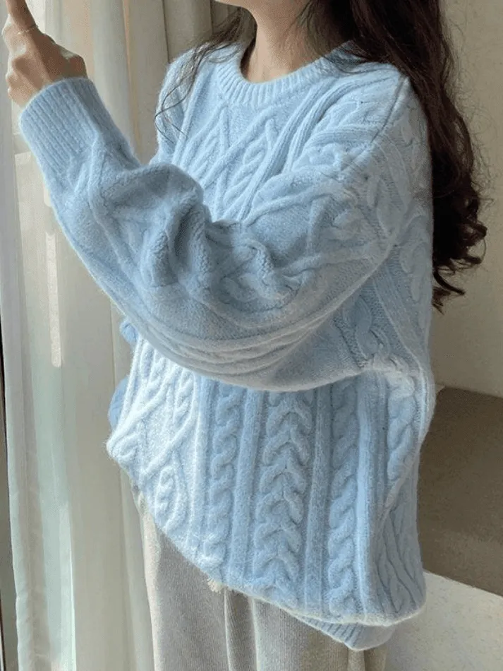 Wenkouban-Spring Casual Outfits Y2K Outfits Crew Neck Cable Knit Pullover Sweater