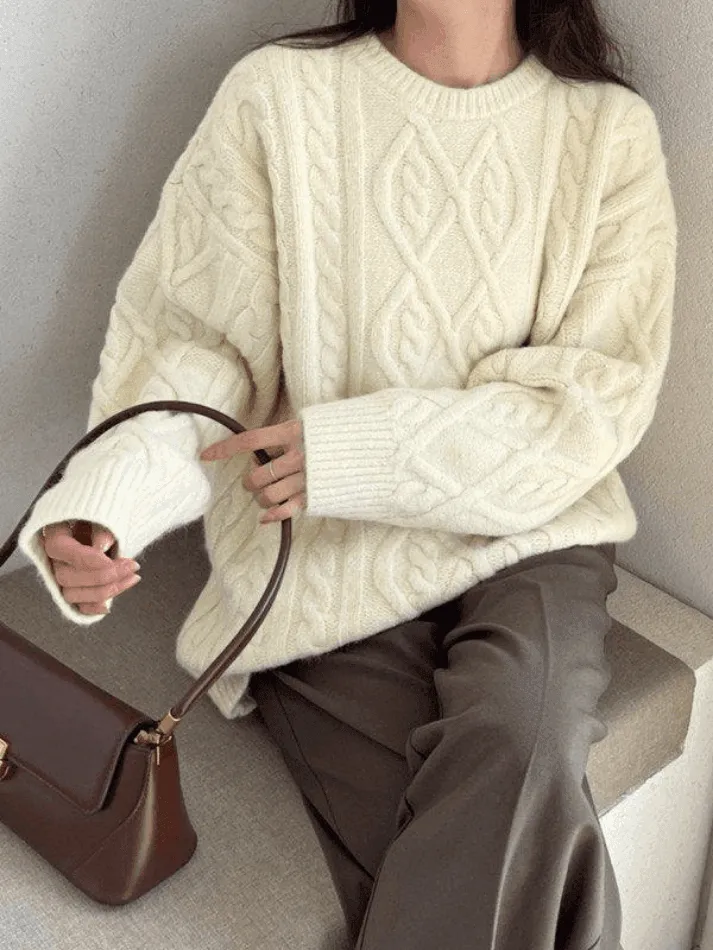Wenkouban-Spring Casual Outfits Y2K Outfits Crew Neck Cable Knit Pullover Sweater