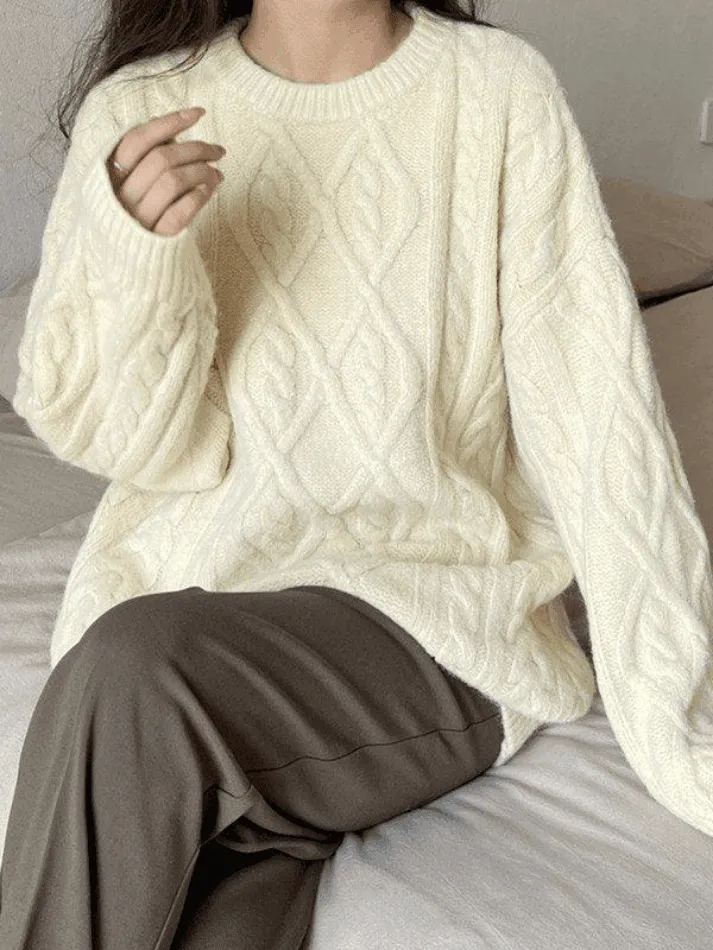 Wenkouban-Spring Casual Outfits Y2K Outfits Crew Neck Cable Knit Pullover Sweater
