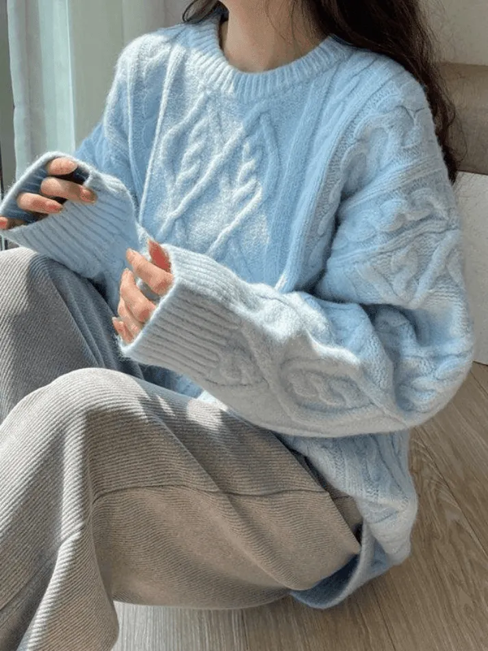 Wenkouban-Spring Casual Outfits Y2K Outfits Crew Neck Cable Knit Pullover Sweater