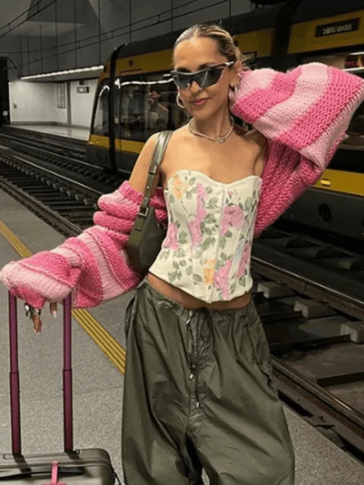 Wenkouban-Spring Casual Outfits Y2K Outfits Crew Neck Pullover Striped Knit Sweater