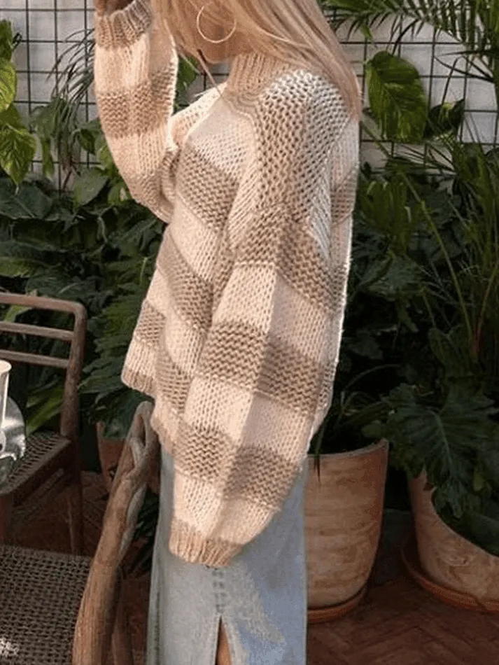 Wenkouban-Spring Casual Outfits Y2K Outfits Crew Neck Pullover Striped Knit Sweater