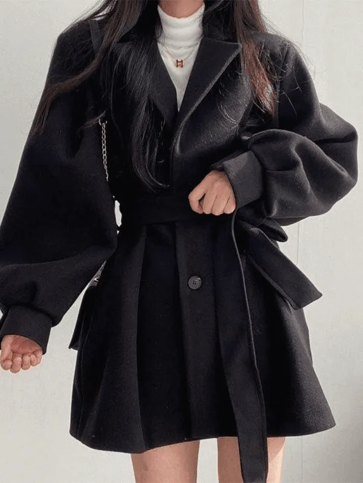 Wenkouban-Spring Casual Outfits Y2K Outfits Puff Sleeve Belted Woolen Coat
