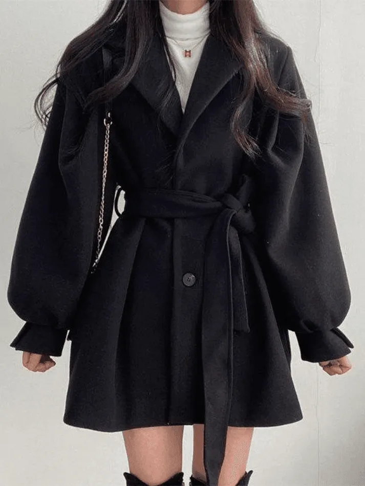 Wenkouban-Spring Casual Outfits Y2K Outfits Puff Sleeve Belted Woolen Coat
