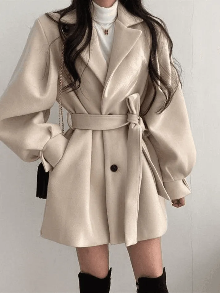 Wenkouban-Spring Casual Outfits Y2K Outfits Puff Sleeve Belted Woolen Coat