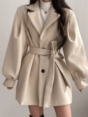 Wenkouban-Spring Casual Outfits Y2K Outfits Puff Sleeve Belted Woolen Coat