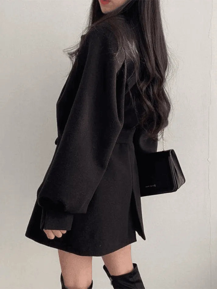Wenkouban-Spring Casual Outfits Y2K Outfits Puff Sleeve Belted Woolen Coat