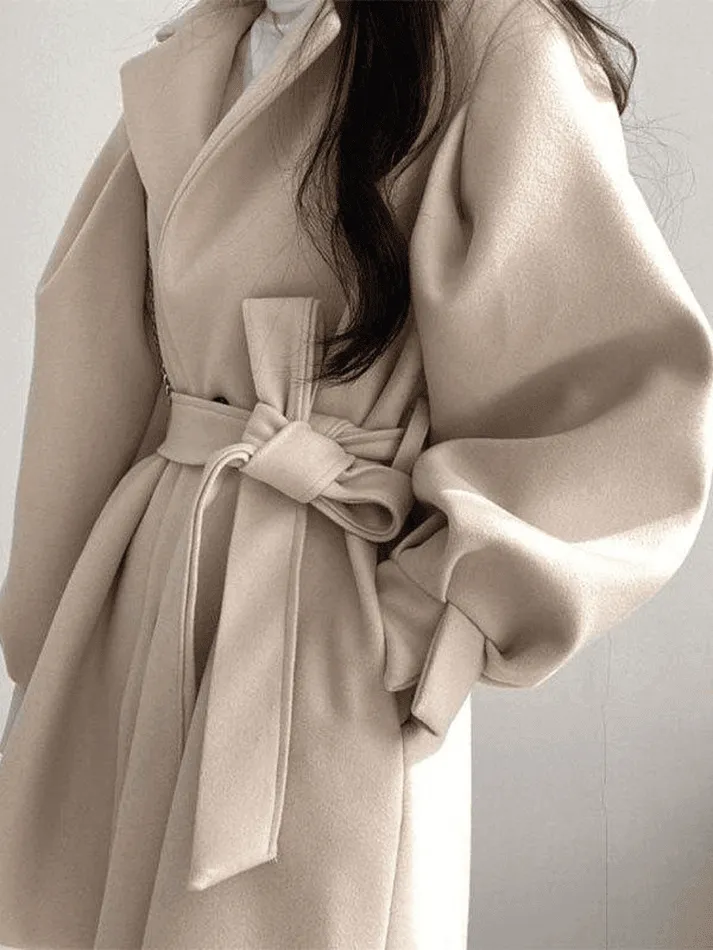 Wenkouban-Spring Casual Outfits Y2K Outfits Puff Sleeve Belted Woolen Coat