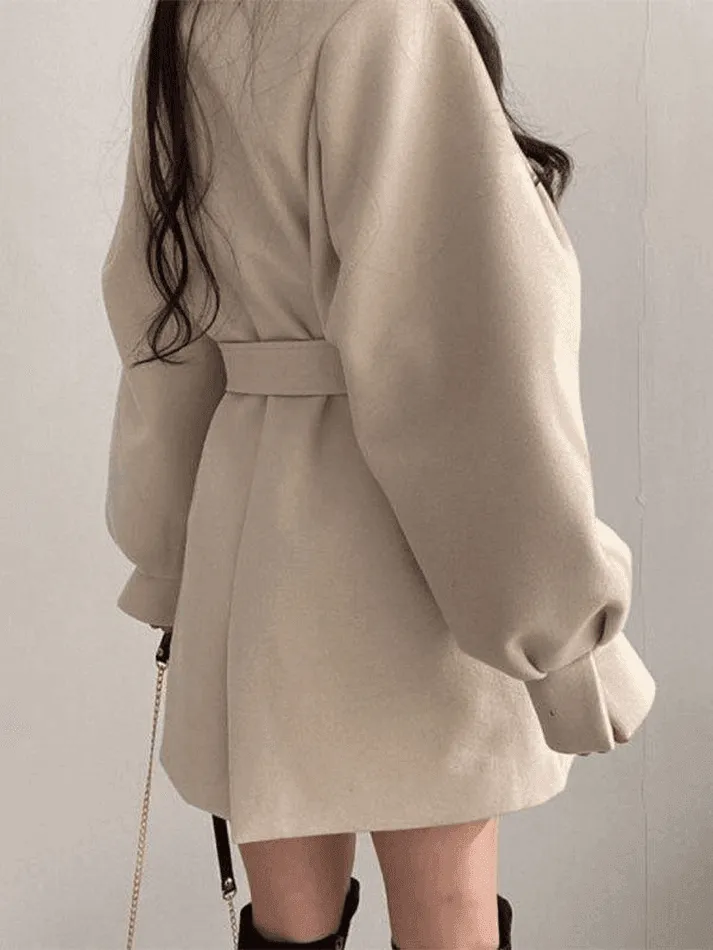 Wenkouban-Spring Casual Outfits Y2K Outfits Puff Sleeve Belted Woolen Coat