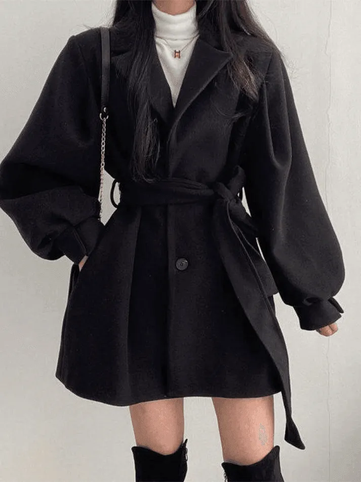 Wenkouban-Spring Casual Outfits Y2K Outfits Puff Sleeve Belted Woolen Coat
