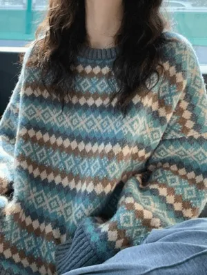 Wenkouban-Spring Casual Outfits Y2K Outfits Vintage Jacquard Crew Neck Sweater