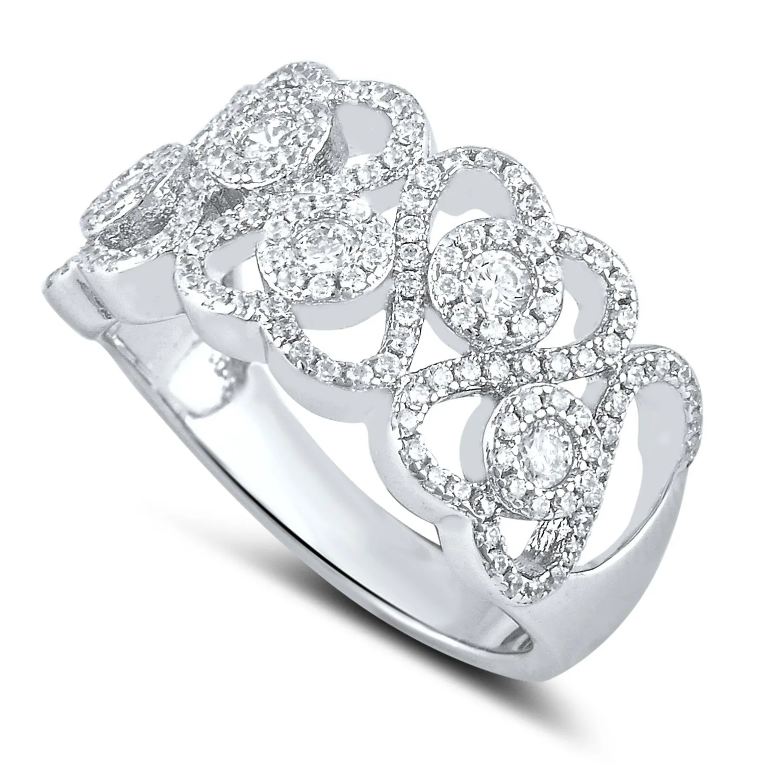 White Gold Over Sterling Silver Womens Chunky Cz Repeating Heart Ring